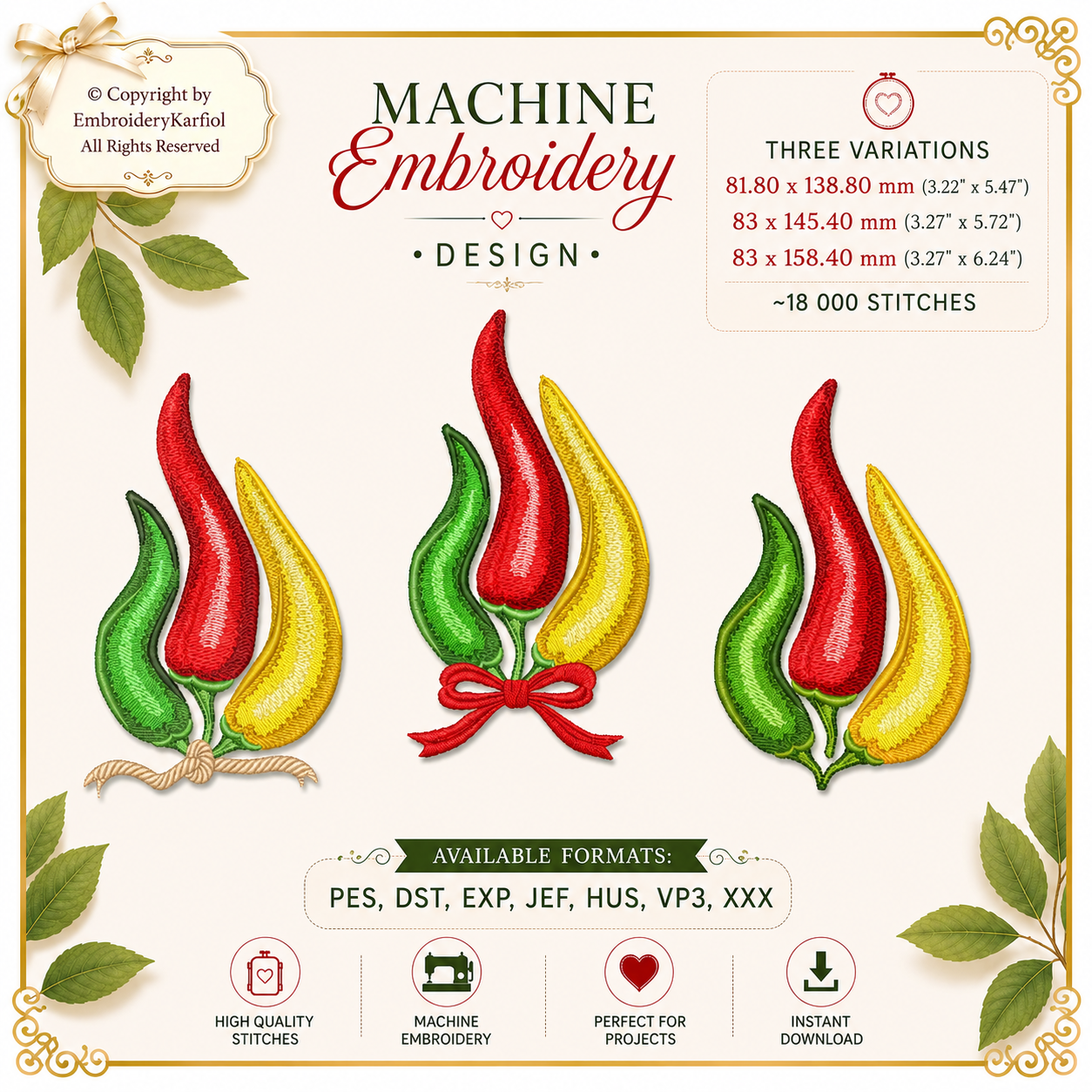 Flowers Embroidery Design Chili Pepper Machine Embroidery Design, Hot Pepper Bouquet, Modern Botanical Digital Download, 3 Variations
