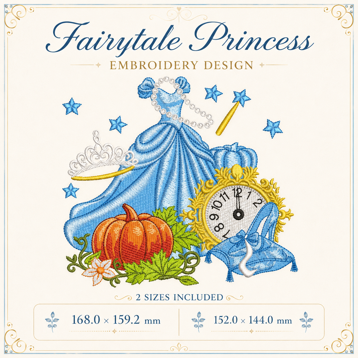 Fairytale Princess Embroidery Design, Cinderella Inspired Dress, Pumpkin Clock Glass Slipper, Machine Embroidery File