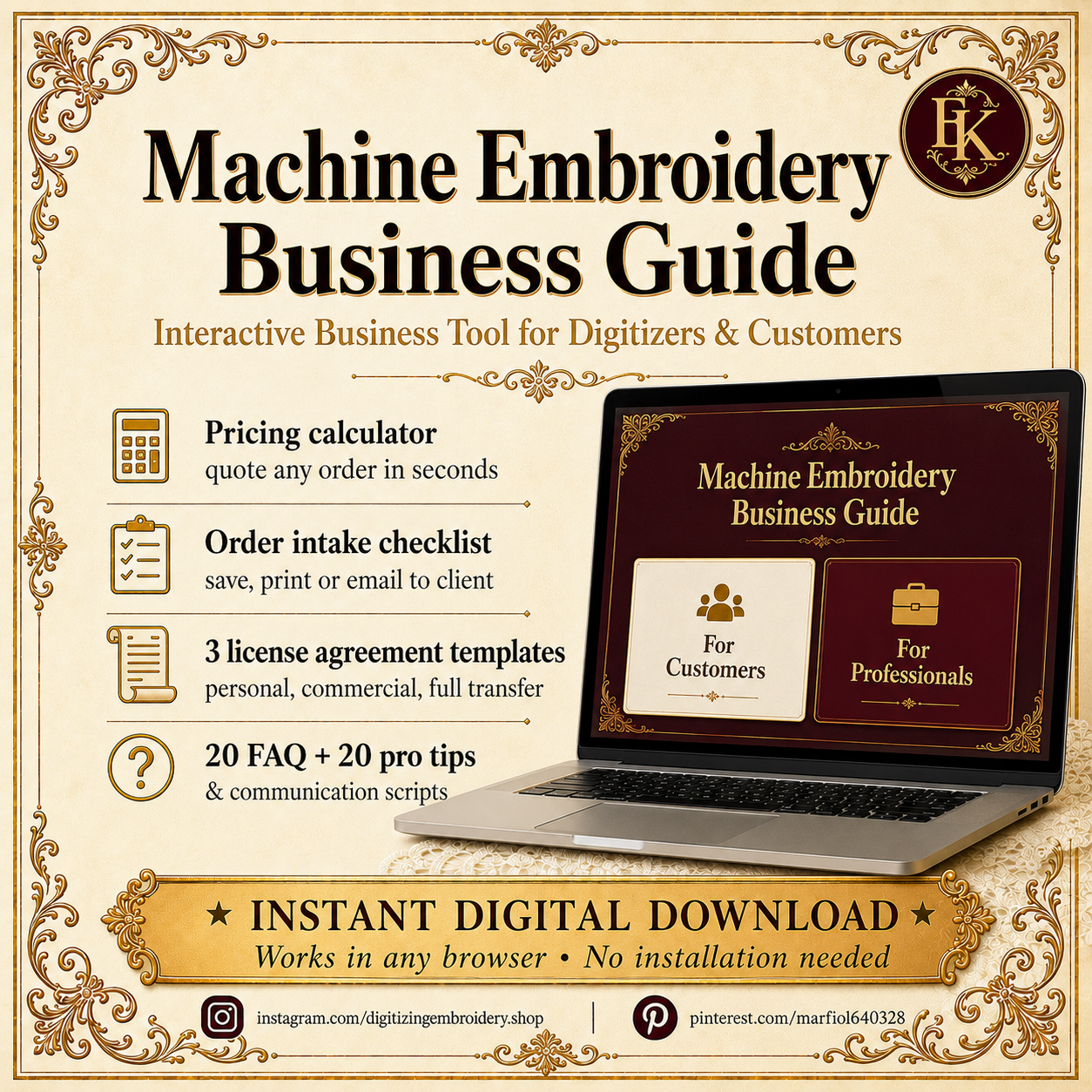Machine Embroidery Business Guide – Pricing Calculator, License Templates, Order Checklists (Digital Download)
