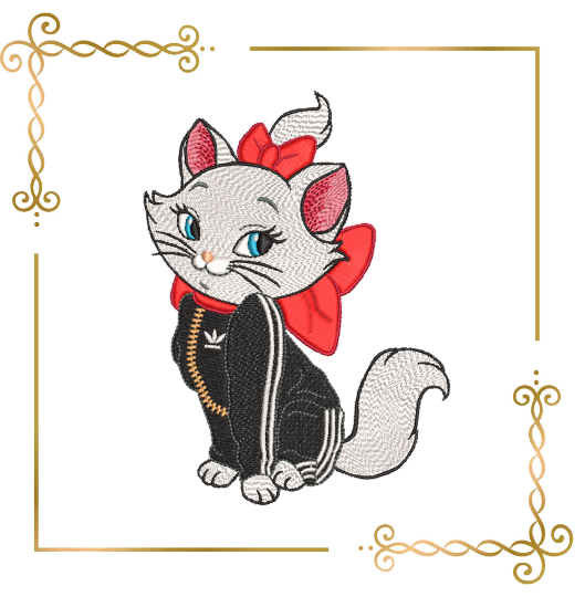 Marie the White Kitten - Super Fashion - cartoon character - Kitty in an Adidas tracksuit- embroidery design digital