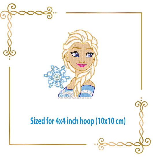 Princess Elsa Winter Snow Princess Girl with Braid and Snowflake 4x4 Hoop machine embroidery design
