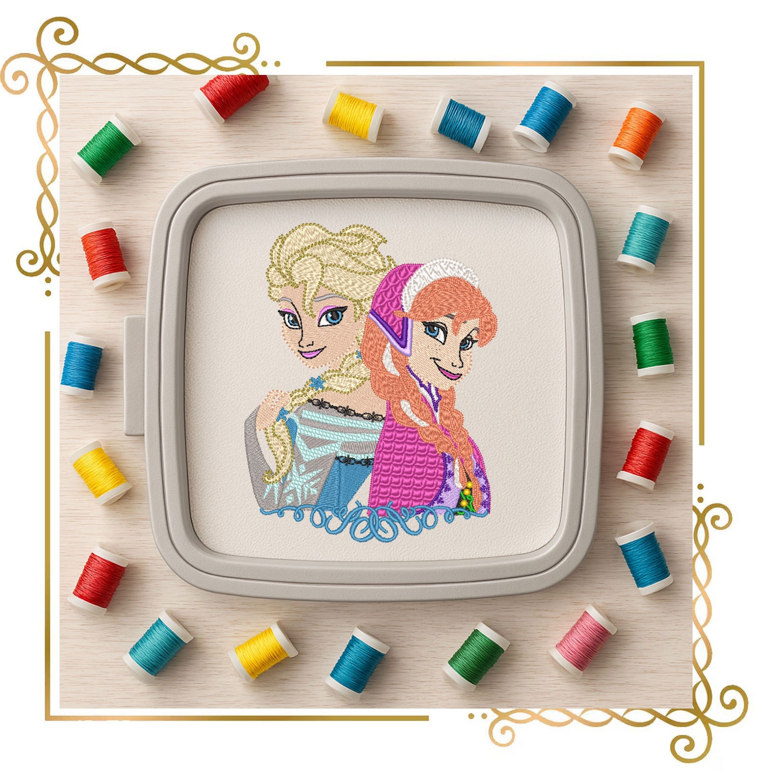 Princess Elsa and Anna Embroidery Design: Frozen Snowflake Frame, SET frozen (Direct Download)