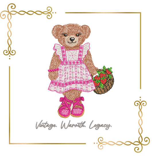 Teddy-Bear – in a fancy dress with Strawberry Basket –style-Fashion-Ralph-Lauren - Digital File for Machine Embroidery 