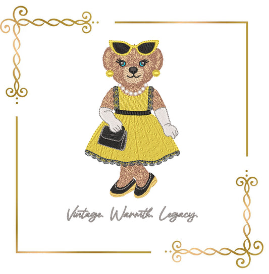 Teddy Bear - Embroidery Design – Girl in Gold Dress with Pearls – Vintage Elegant Machine – Cute Retro Bear Pattern style of Ralph Lauren