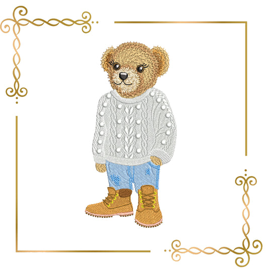 Teddy Bear Super in the style of Fashion Ralph Lauren in a knitted sweater and sneakers embroidery design digital