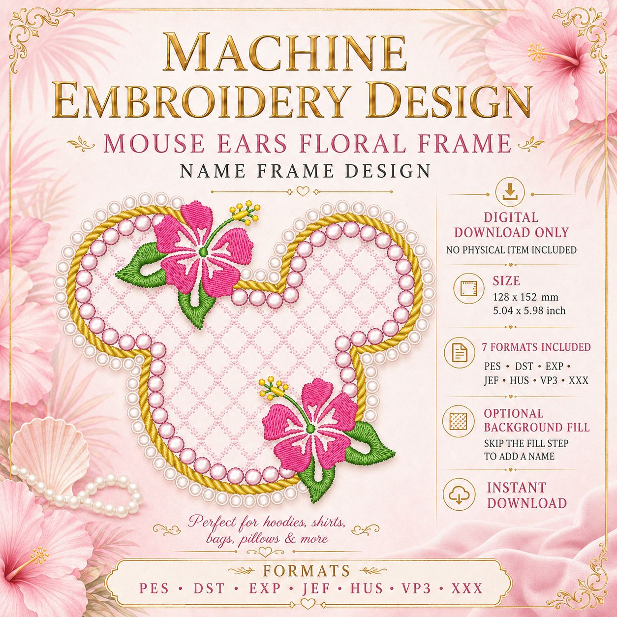Valentines day Embroidery design Head Mouse Ears Floral Frame Embroidery Design –  Machine Embroidery Design