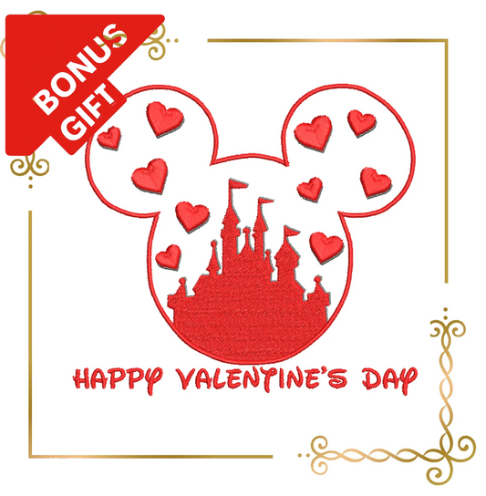 Badged - Gift Design Valentines Day silhouette of Mickey Mouse's head with hearts and Disney castle - embroidery design