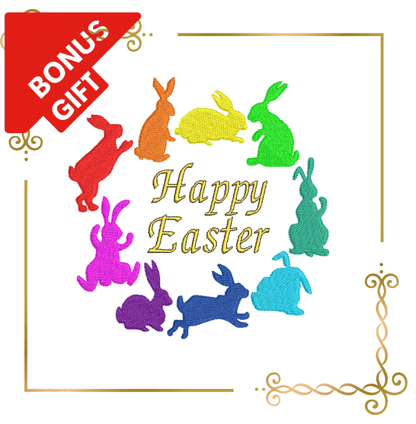 Badged - Gift  design Easter bunnies rainbow machine embroidery design