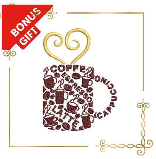Badged - Gift  design Coffee Cup Valentines Day inscriptions cappuccino espresso heart digital machine embroidery design