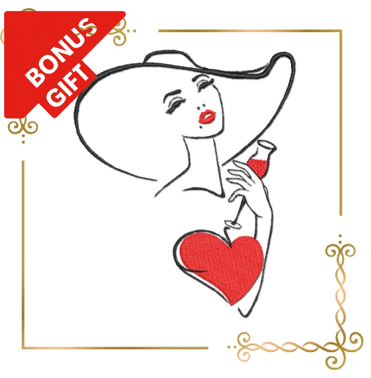 Badged - Gift  design T-shirt  Lady with a Wineglass embroidery design for T-shirt  2 Sizes to the direct download.