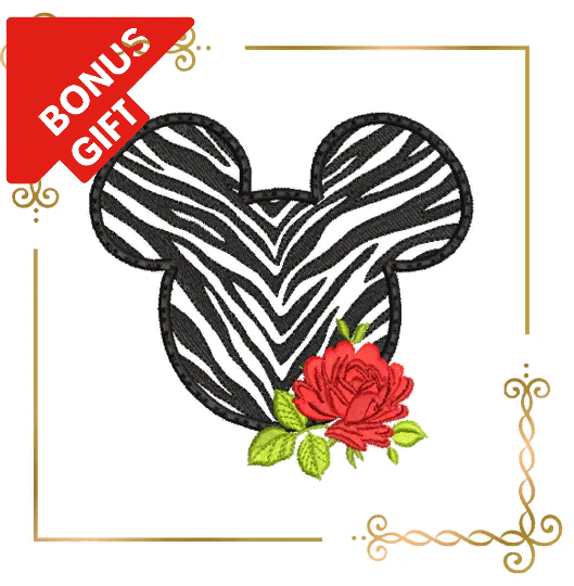 Badged - Gift design Applique Minnie Mouse Head Zebra with Rose Disney Digital Machine Embroidery Pattern