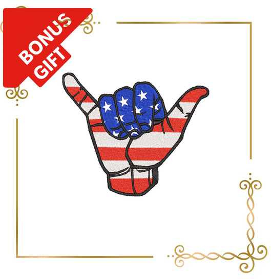 Badged - Gift design USA Patriotic , Machine Embroidery Design, Loose, American Flag, Hand Gesture Shaka, USA Independence Day