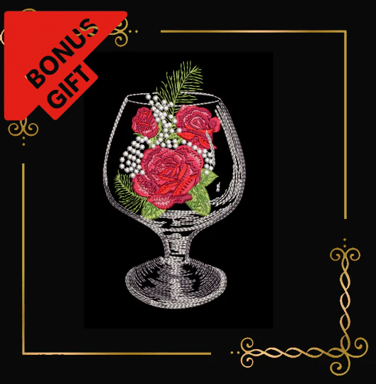 Badged - Gift design Winter Christmas flute with winter roses and fir branches digital machine embroidery design