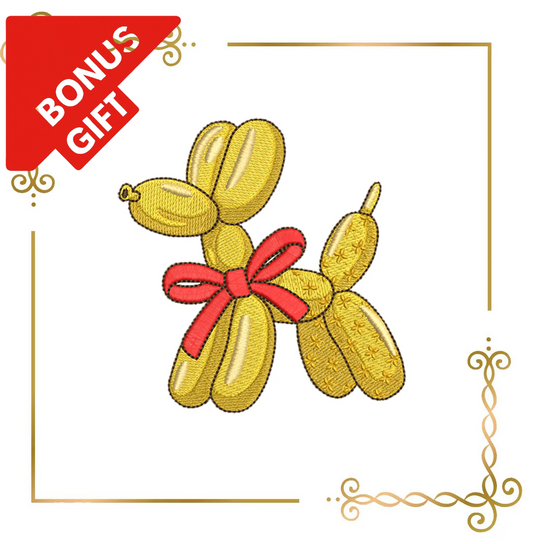 Badged - Gift design Golden Balloon Dog with Red Bow, Luxe Stitch Art - Embroidery Design