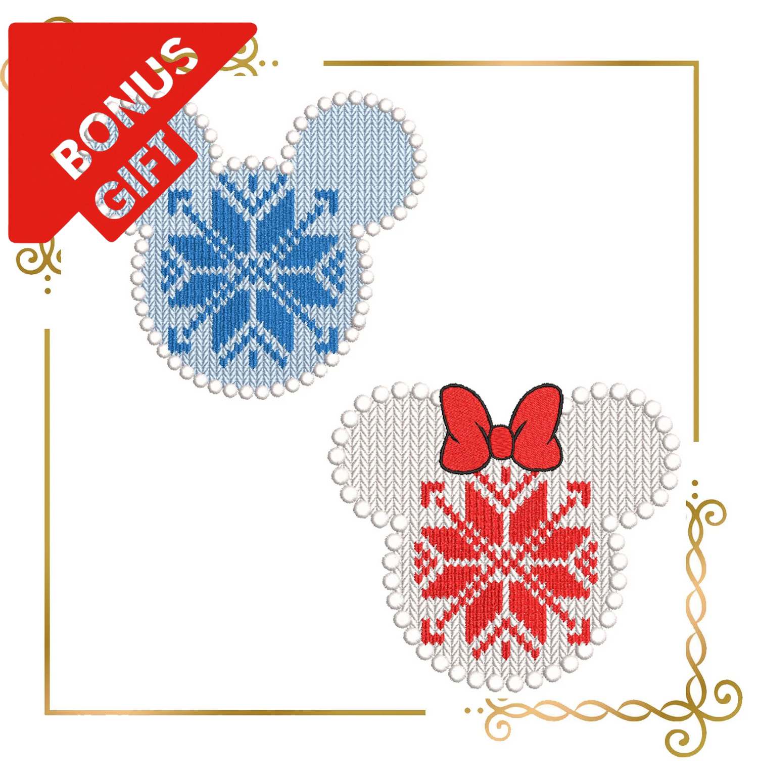 Badged - Gift design Mickey and Minnie Mouse  Knitted head in Norwegian pattern design embroidery