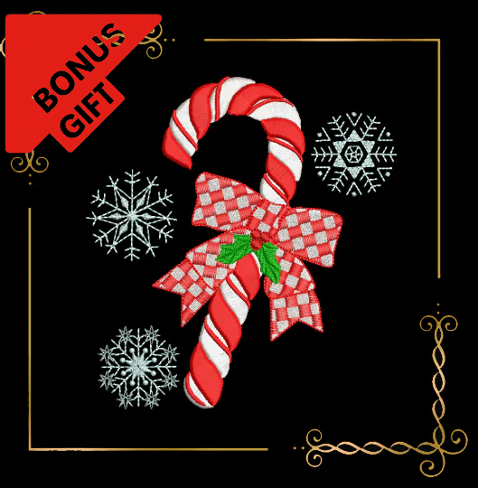 Badged - Gift design Winter Christmas Candy Cane with red plaid gift ribbon Mistletoe 2 Sizes embroidery design