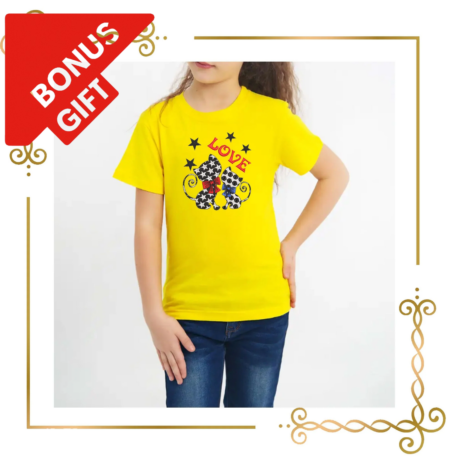 Badged - Gift design - Two Kitties sitting - Valentines Day cartoon Love, embroidery design