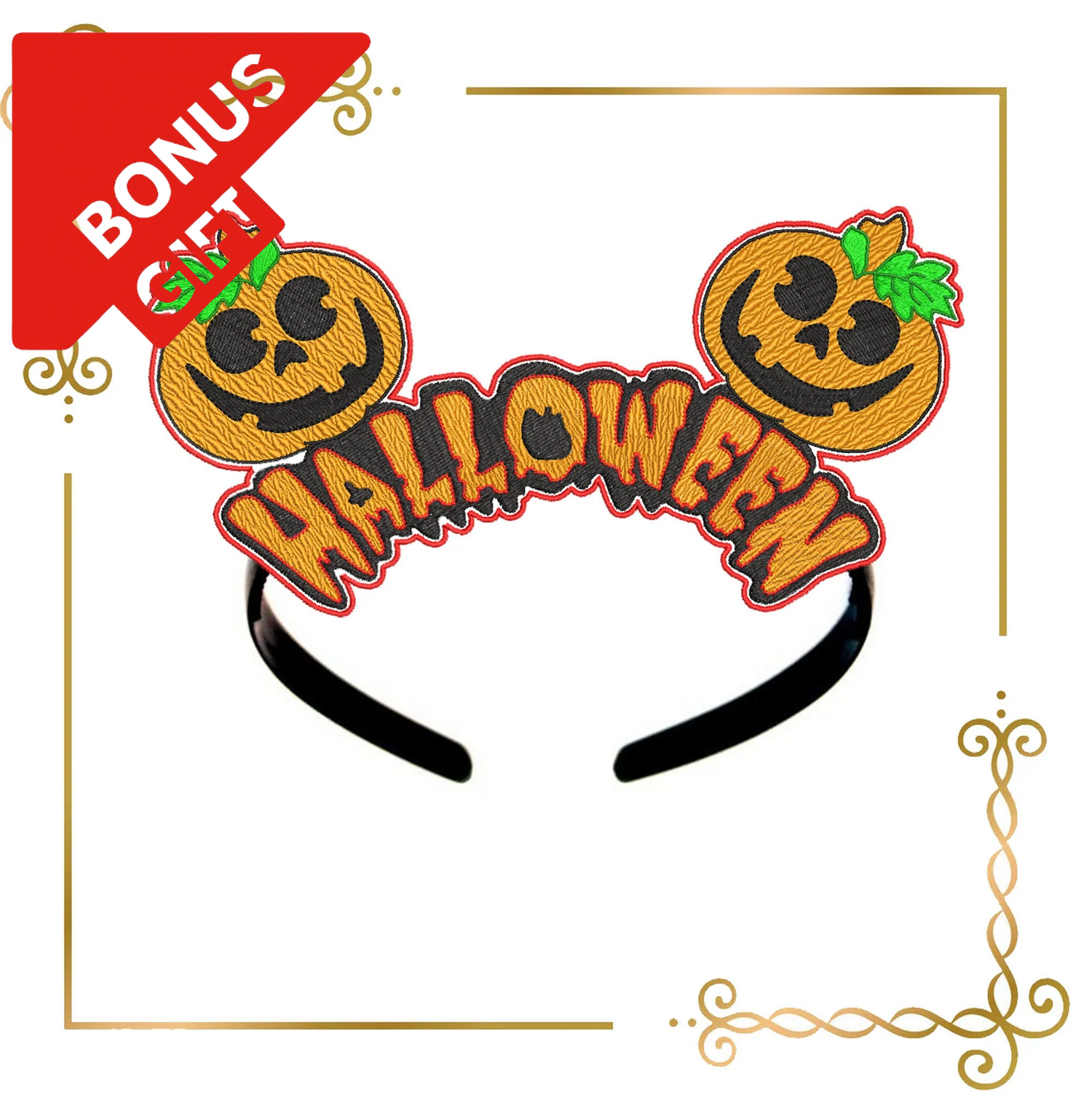 Badged - Gift design Halloween pumpkin Crown  Mickey Mouse ears embroidery design