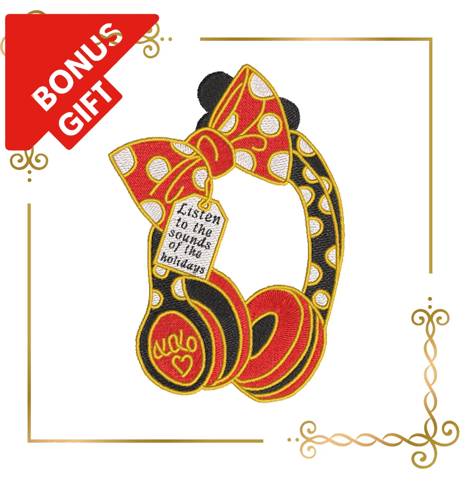 Badged - Gift design Minnie Mouse accessories head phones holiday music digital machine embroidery design