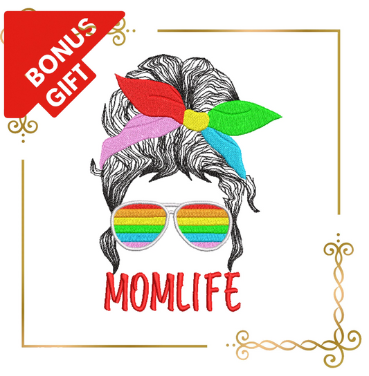 Badged - Gift design Mother's day, Mom Life Hair, Rainbow, glasses, 2 Sizes, 2 variants, Embroidery design to the direct download.