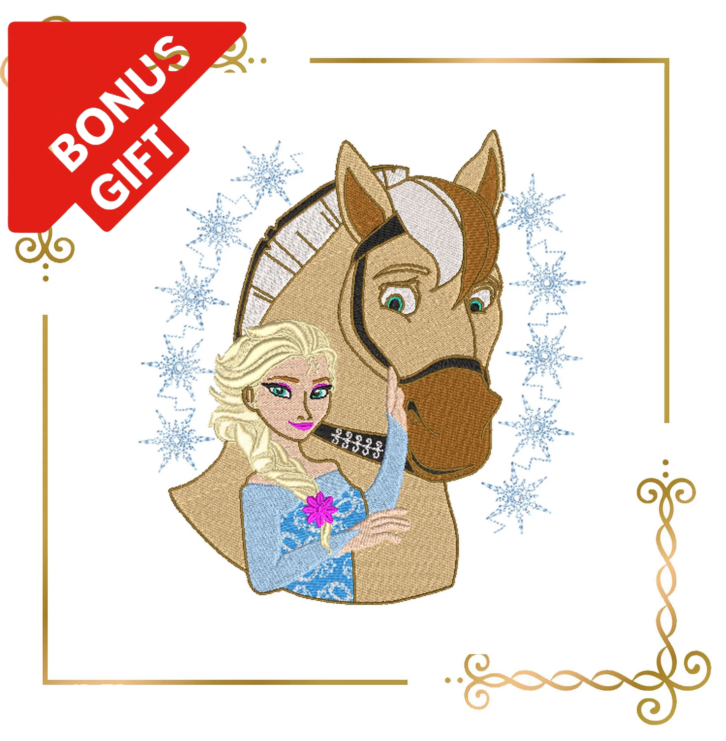 Badged - Gift design Princess Elsa and the Horse, Frozen, 2 Sizes, embroidery design to the direct download.