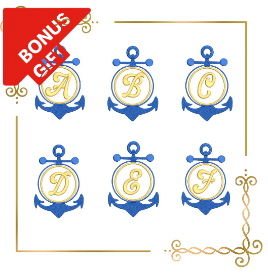 Badged - Gift design Letters Alphabet Summer sea anchor letters numbers machine embroidery design