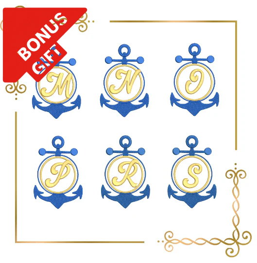 Badged - Gift design Letters Alphabet Summer sea anchor letters numbers machine embroidery design