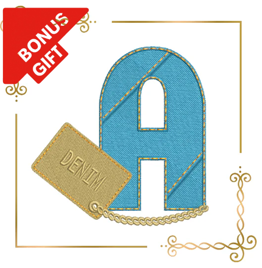Badged - Gift design Letters Alphabet, letter A, denim, gold cord label machine embroidery design