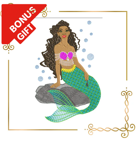 Badged - Gift design Princess Ariel mermaid Afro American Disney character machine embroidery design