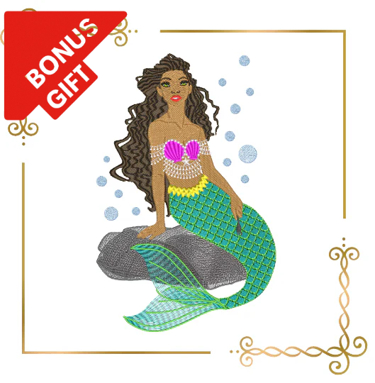 Badged - Gift design Princess Ariel mermaid Afro American Disney character machine embroidery design