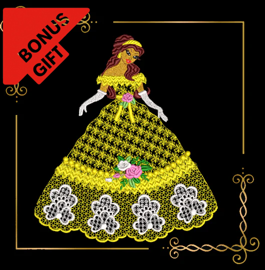Badged - Gift design Princess Belle  in a lace dress with roses 2 Sizes embroidery design to the direct download.