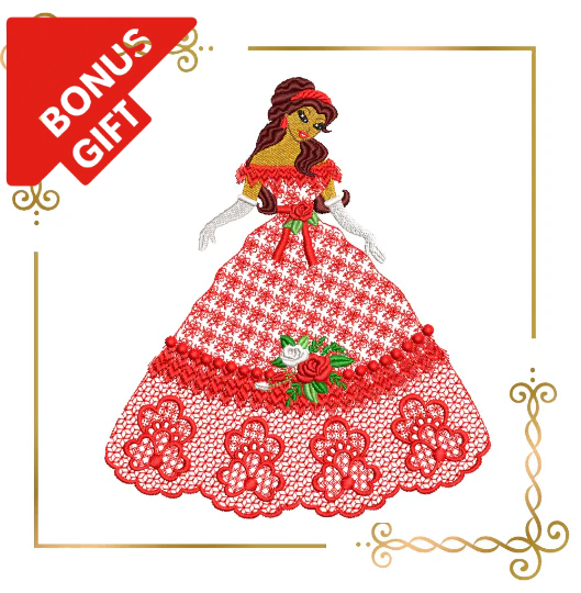Badged - Gift design Princess Belle  in a lace dress with roses 2 Sizes embroidery design to the direct download.