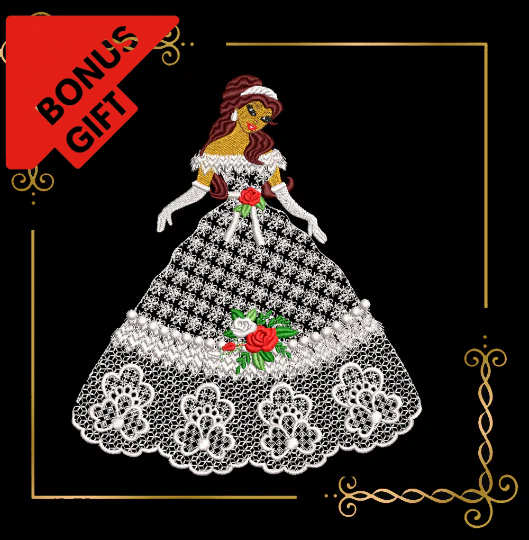 Badged - Gift design Princess Belle in a lace dress with roses 2 Sizes embroidery design to the direct download.