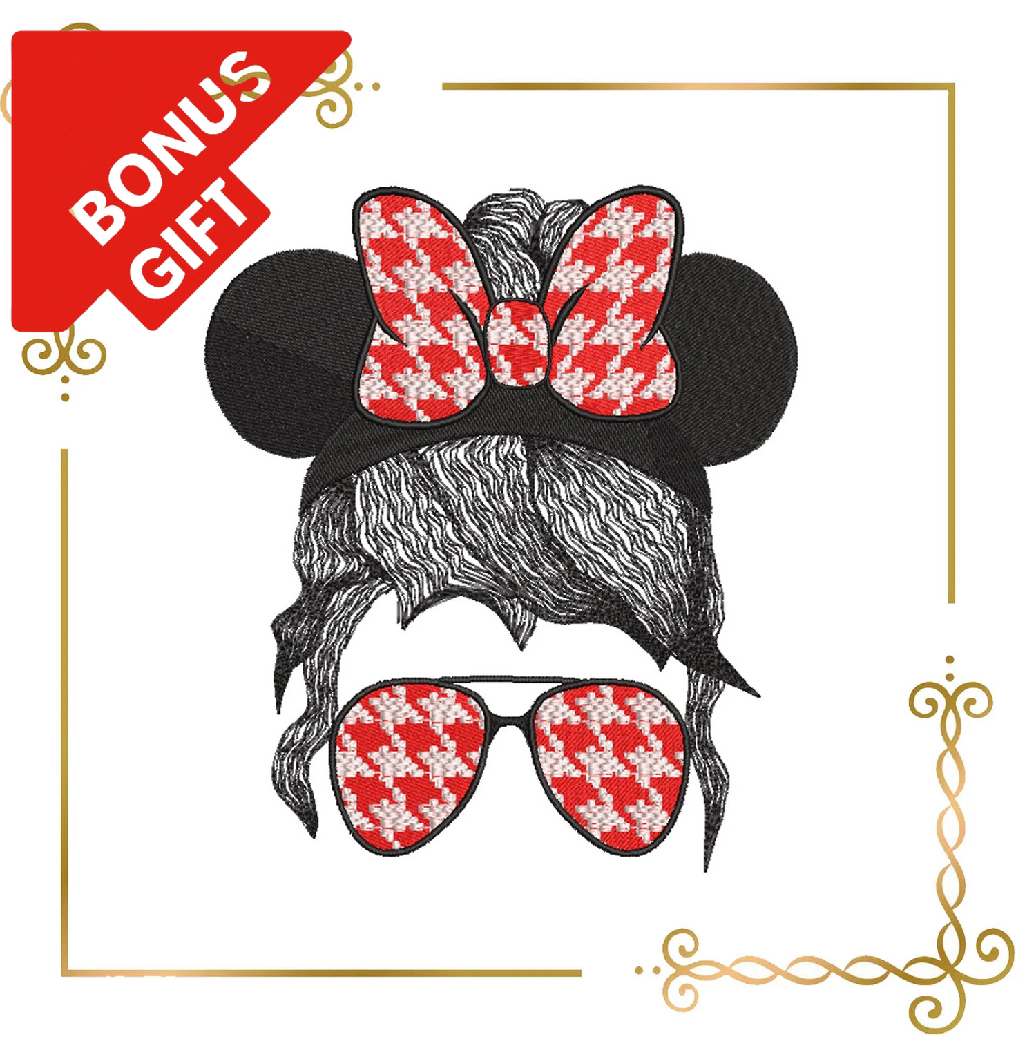 Badged - Gift design Mother's day, Mom Life  Hair,  Minnie Mama, glasses, tweed, Embroidery design to the direct download.