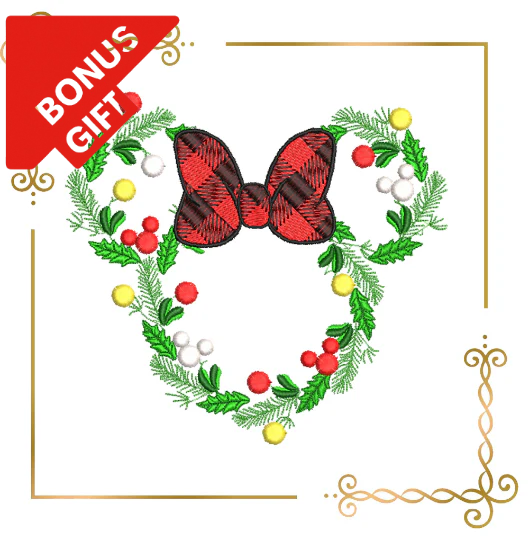 Badged - Gift design Minnie Mouse Christmas Wreath  mistletoe machine embroidery design digital