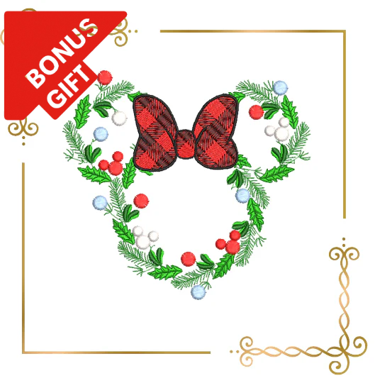 Badged - Gift design Minnie Mouse Christmas Wreath mistletoe machine embroidery design digital