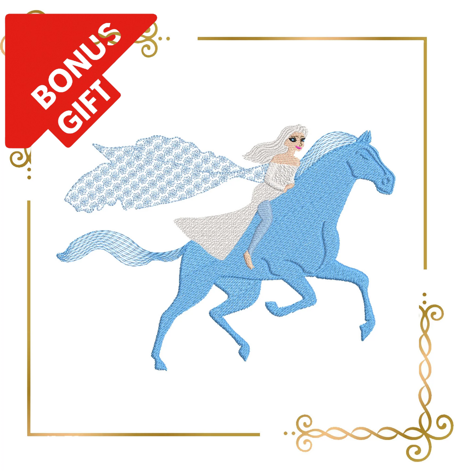 Badged - Gift design Princess Elsa rides in on a horse Nokk , Winter, Frozen, Disney character,  magic, fairy tale, Embroidery  machine design  to the direct download