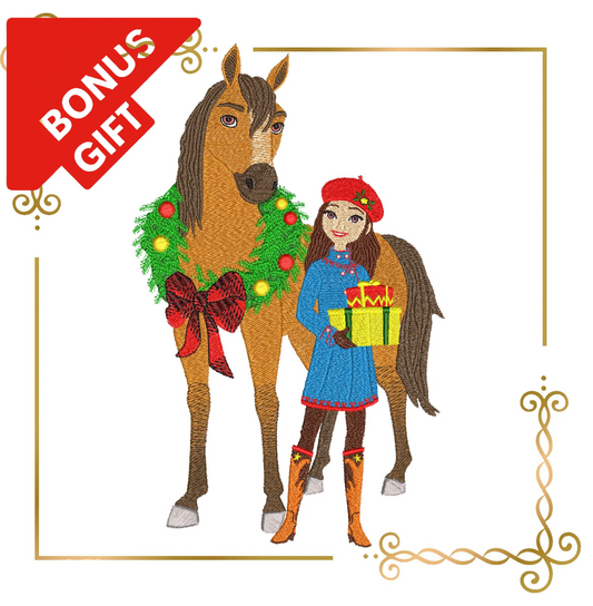 Badged - Gift design Spirit and Lucky Winter Christmas gifts character Embroidery machine design to the direct download