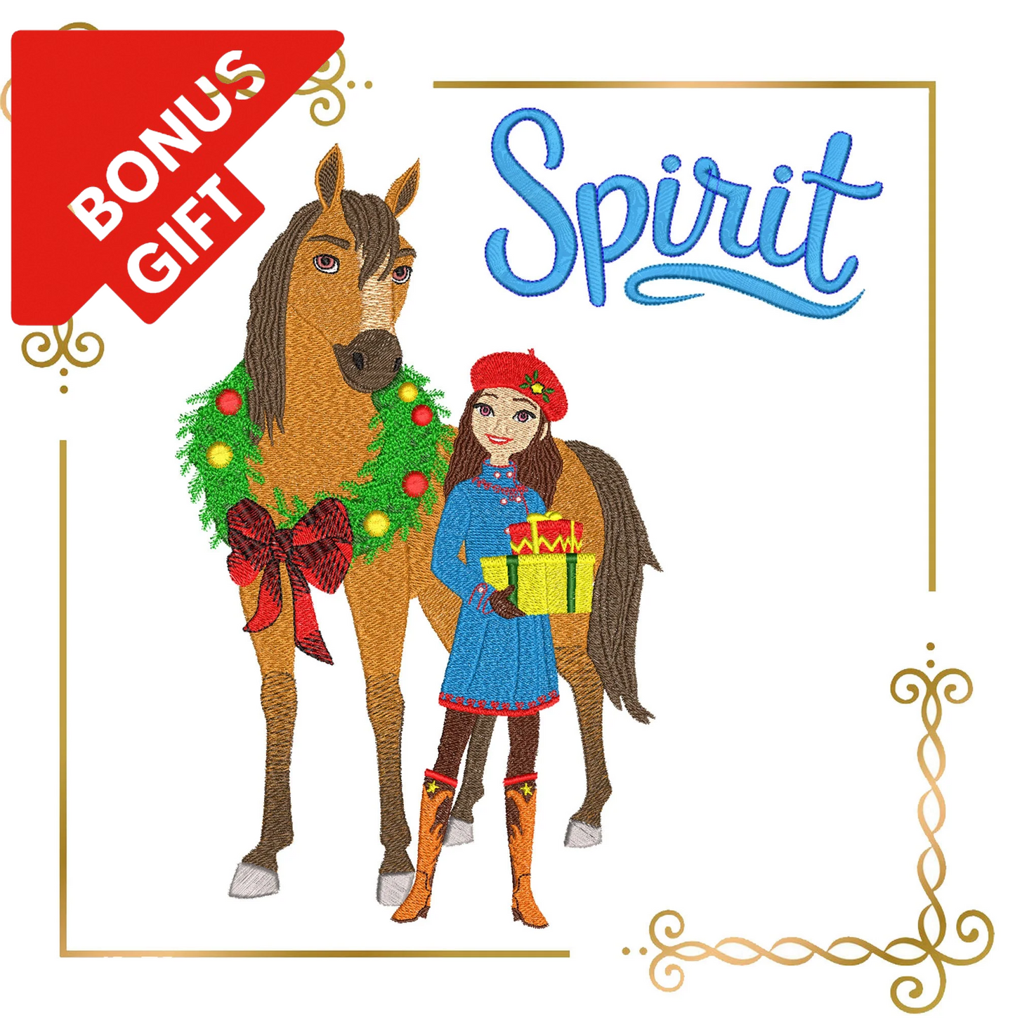 Badged - Gift design Spirit and Lucky Winter Christmas gifts character Embroidery  machine design  to the direct download