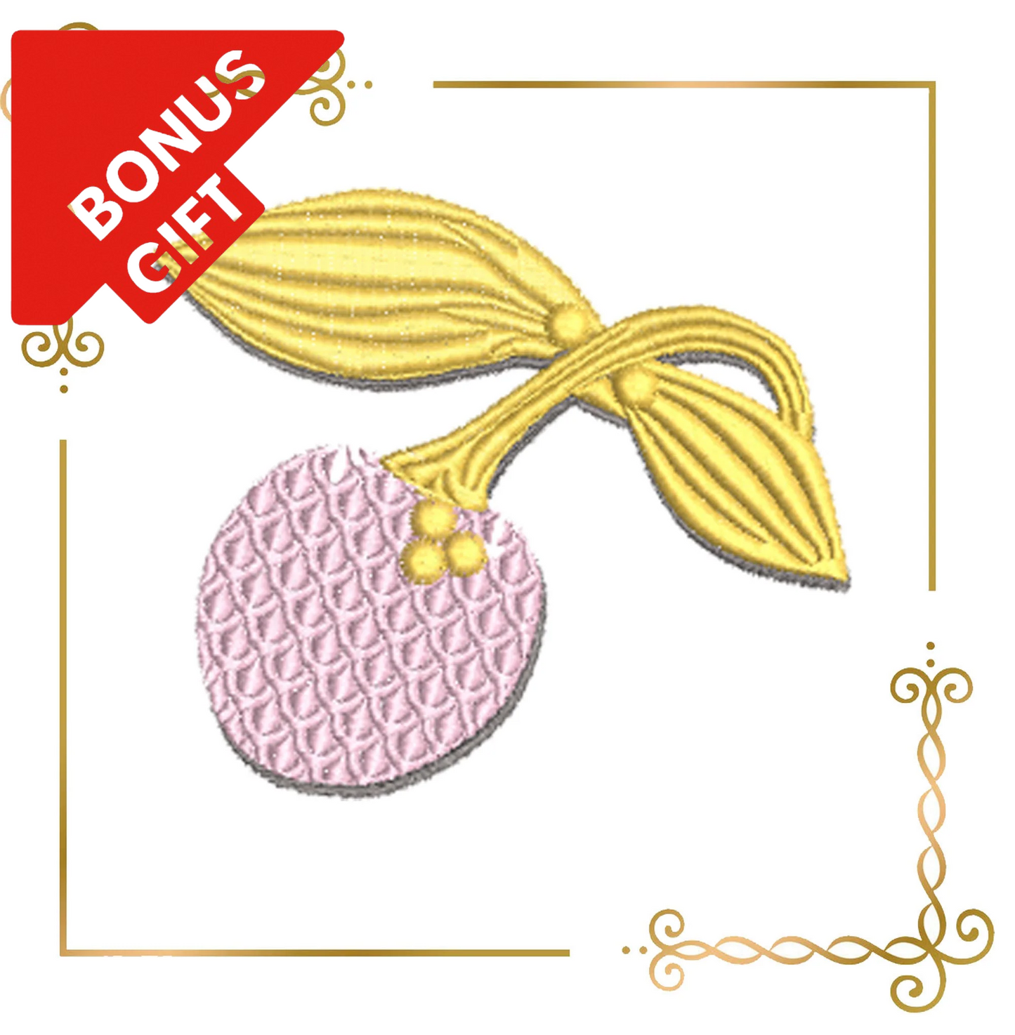 Badged - Gift design Jewelry Brooch cherry  gold embroidery design to the direct download.