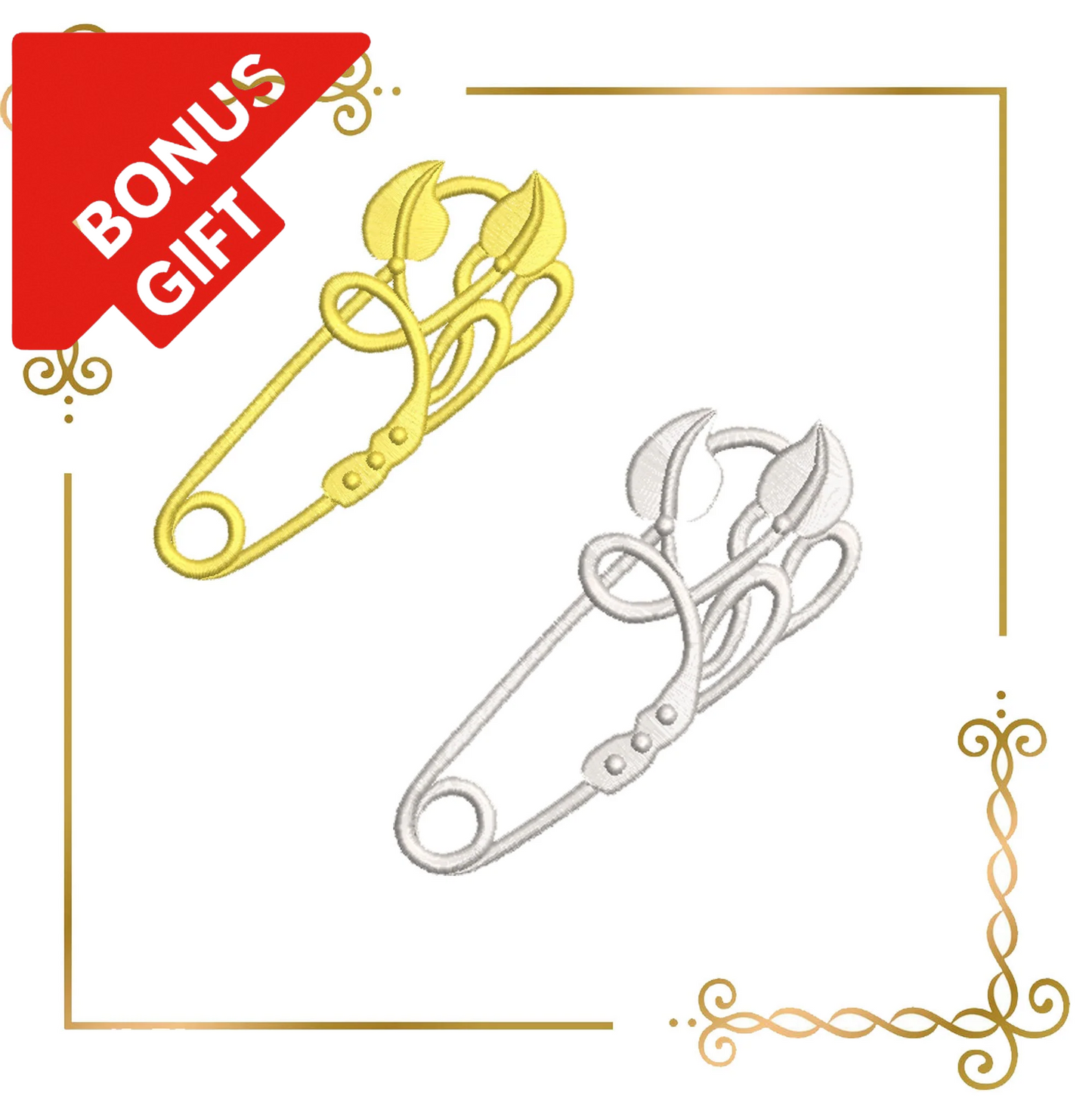 Badged - Gift design Jewelry Pin Brooch gold silver 2 Sizes embroidery design to the direct download.