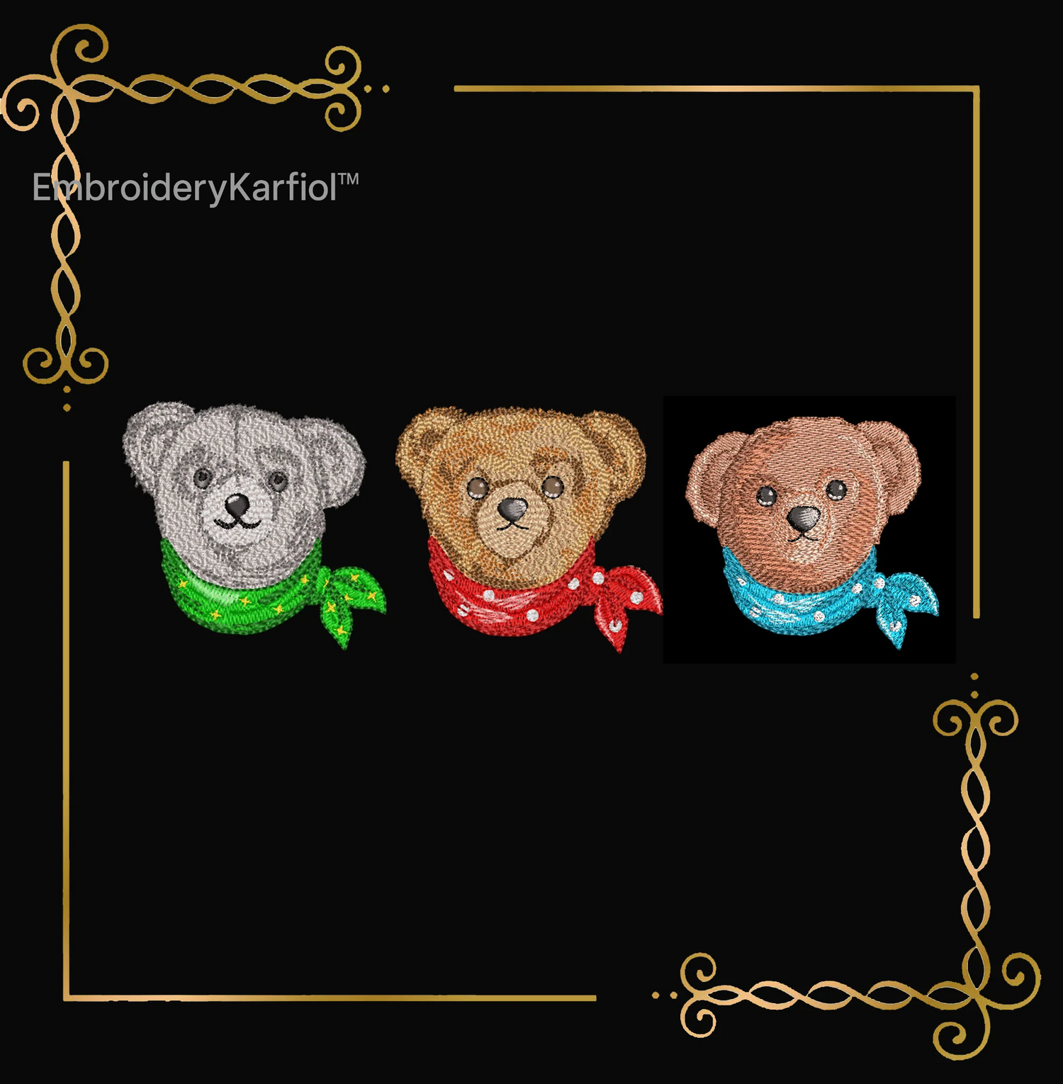 Badged - Teddy Bear Classic Style luxury heritage style 3 Elegant Embroidery Designs with Bandanas Vintage to Modern Evolution 3 Bears 2 Sizes