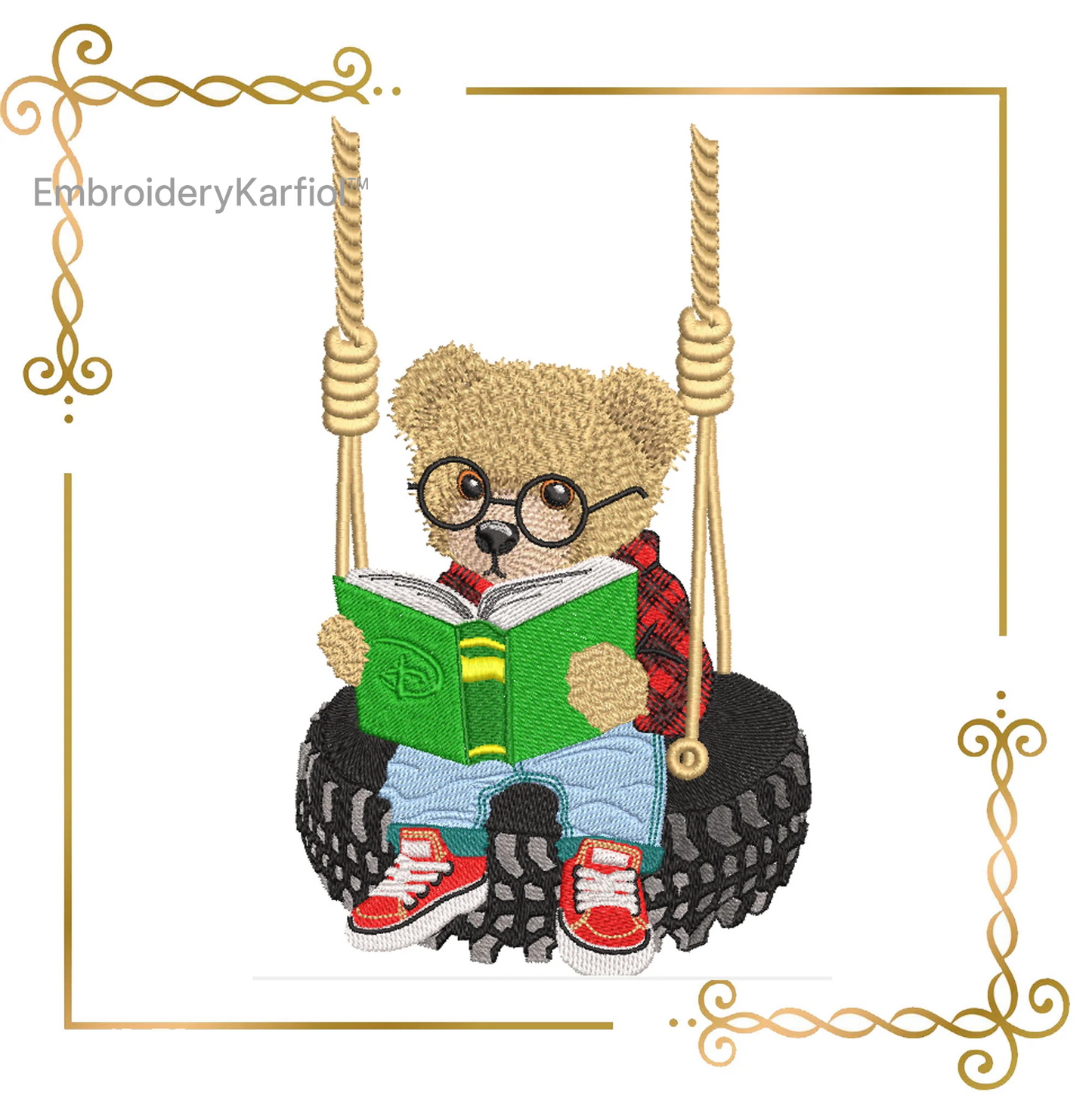Badged - Teddy Bear Super Fashion reading on the swing, cartoon character, embroidery design digital