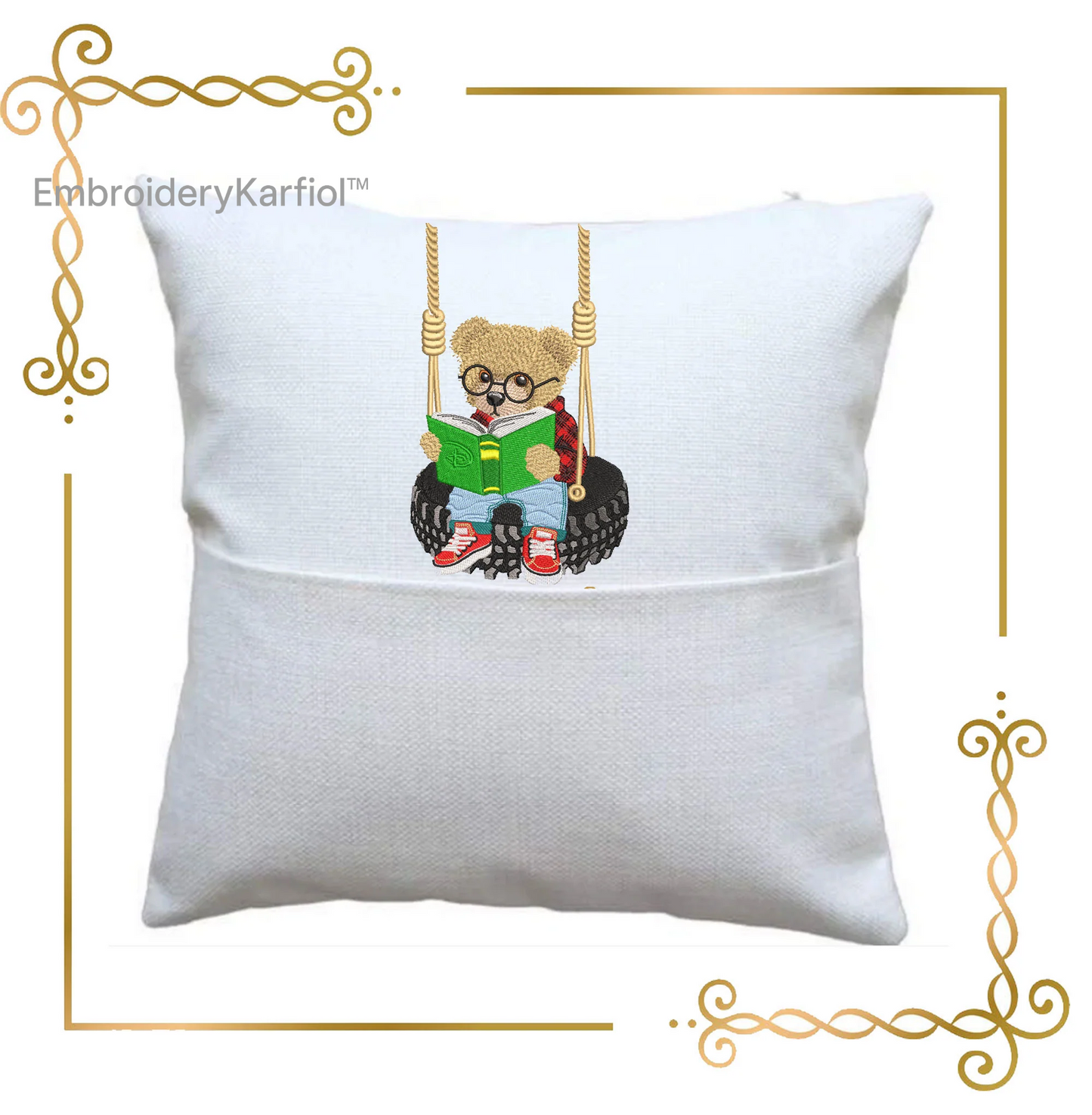 Badged - Teddy Bear Super Fashion reading on the swing, cartoon character, embroidery design digital