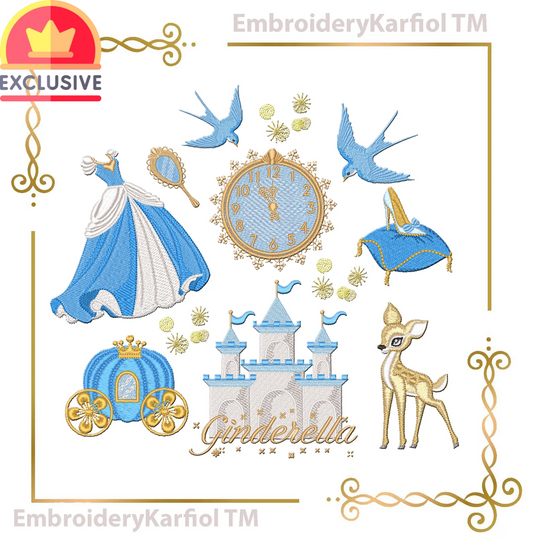 Badged - Princess Cinderella Embroidery Design Set – 9 Files Princess, Castle, Carriage, Clock – Bundle, only manual digitization (Digital)