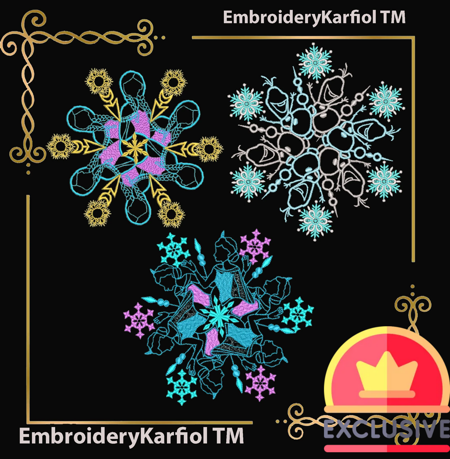 Badged - Christmas Frozen Princess Snowflake Set – 3 Embroidery Designs (Elsa, Anna, Olaf)