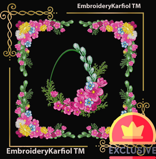 Badged - Easter Two matching machine embroidery designs: a floral Easter egg wreath with blue flowers and greenery, plus a coordinating floral corner