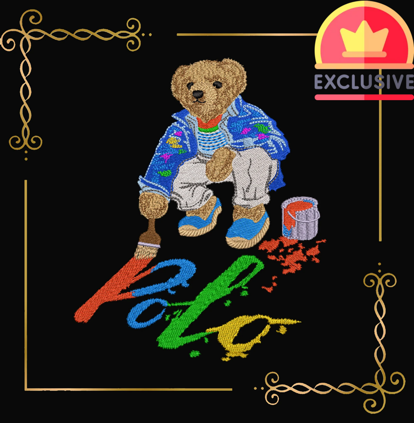Badged - Teddy Bear  Super Fashion - Colorful Painter Bear - Embroidery -Design – "Polo" Art Splash