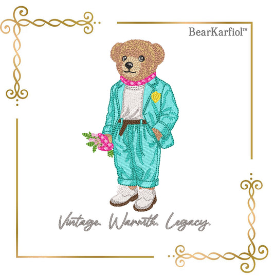 Teddy Bear Charming machine embroidery design in a suit holding a bunch of flowers 3 Sizes