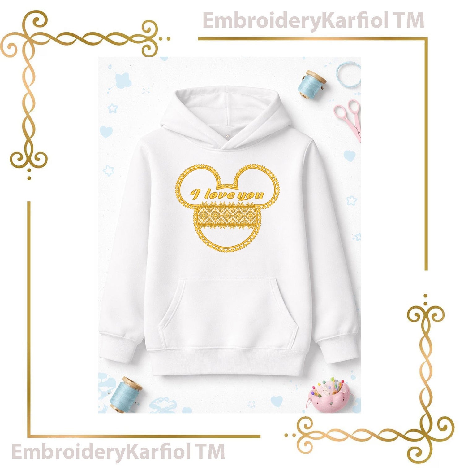 digitizingembroidery.shop Дизайн машинной вышивки в виде головы Микки Мауса с надписью I love you на белой толстовке
